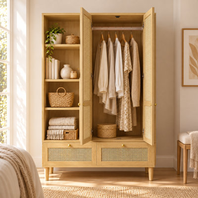 2-Door and 2 Drawers Rattan Wardrobe with Hanging Rack and 4 Shelving Compartments