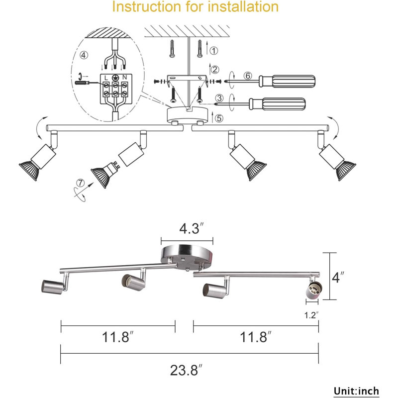 Ensemble d'éclairage sur rail à 4 lampes réglables et dimmables, bras flexibles et pliables, fini nickel satiné, pour cuisine, couloir ou chambre. Ampoules à culot GU10 non incluses.