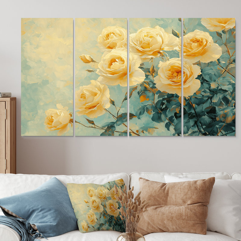 Sunlit Roses of Summer Bloom II - Roses, art mural - art mural moderne, ensemble d'art mural, H 28 po x l 48 po, 4