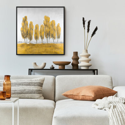 Sept arbres jaunes abstraits - décor de toile encadrée grise