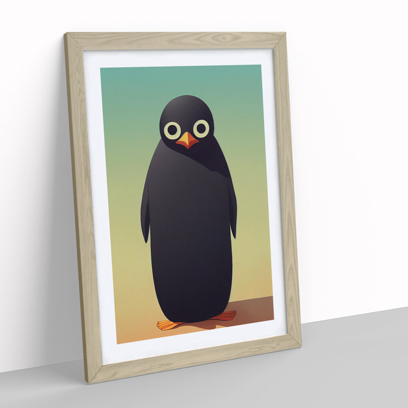 Cute Penguin - Single Picture Frame Print, 64cm H x 46cm W x 2cm D, Oak
