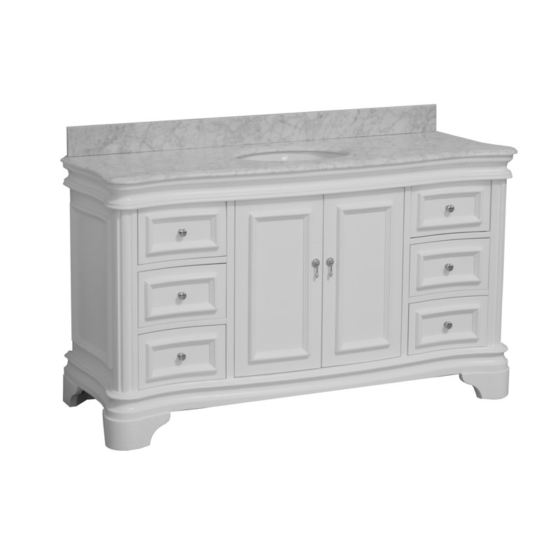 Ensemble de meuble-lavabo simple 60 po Twain avec rangement blanc et comptoir en marbre de Carrare, Blanc, Marbre de Carrare