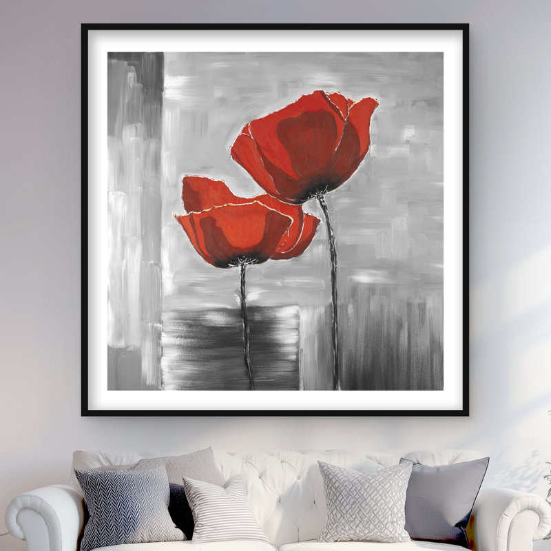 Deux fleurs rouges en niveaux de gris | Impression encadrée avec passe-partout, H 48 po x l 48 po, Noir