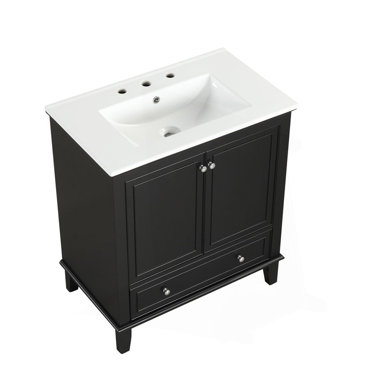 Meuble-lavabo multifonctionnel avec portes et tiroir 30 po, bois massif et panneau de fibres à densité moyenne, noir