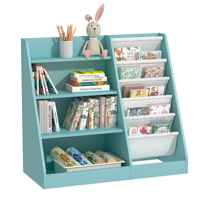 Bibliothèque pour enfants Maggiorina, étagère à livres, armoire de rangement, présentoir à livres, Bleu Tiffany / blanc