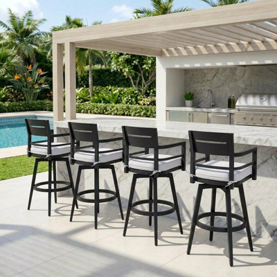 Modern 360° Swivel Outdoor Bar Stools (Set Of 4) – Rust-Proof Aluminum Frame, Ergonomic High Back & Armrests, All-Weather Sunbrella Cushions, Tapered Leg Patio Bar Chairs – Ember Black