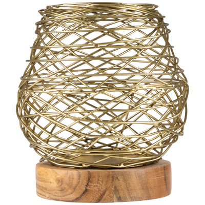 Porte-bougie moyen en fer tissé avec base en bois - Finition laiton