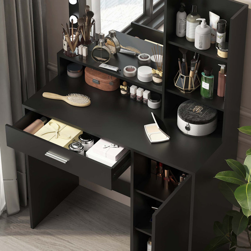 Bureau de coiffeuse avec miroir et lumière, grand tiroir, commode de rangement à trois niveaux, 3 modes d'éclairage à luminosité réglable, coiffeuse de chambre à coucher