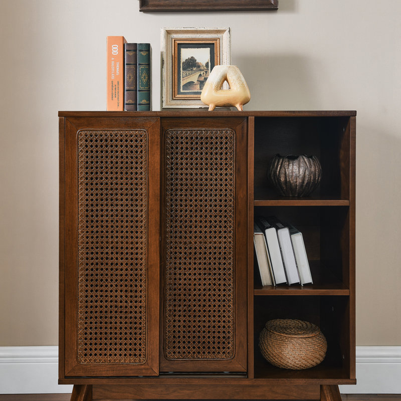 Vintage Rattan Sideboard with Fixed & Adjustable Shelves, dark Walnut
