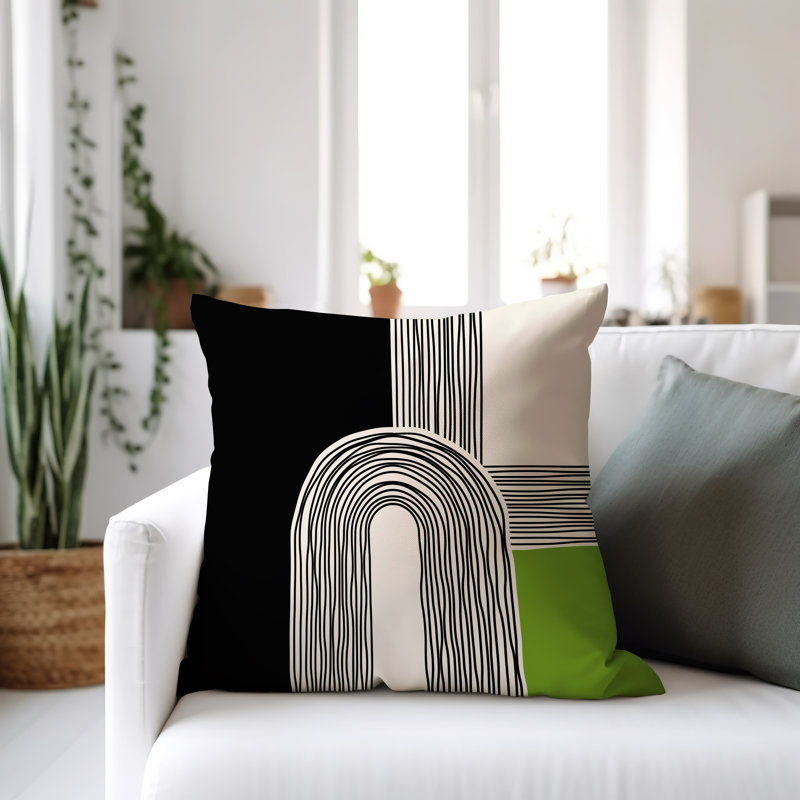 Coussin décoratif réversible intérieur / extérieur Cassie, H 17 po x l 17 po, Chartreuse / crème / noir