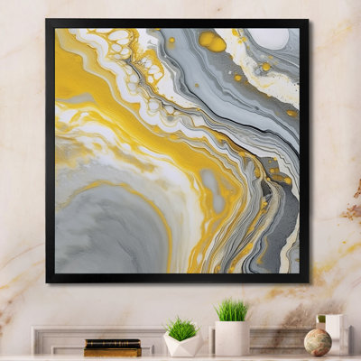 «Gray Yellow Marble Symphony», reproduction d'art sur toile encadrée abstraite