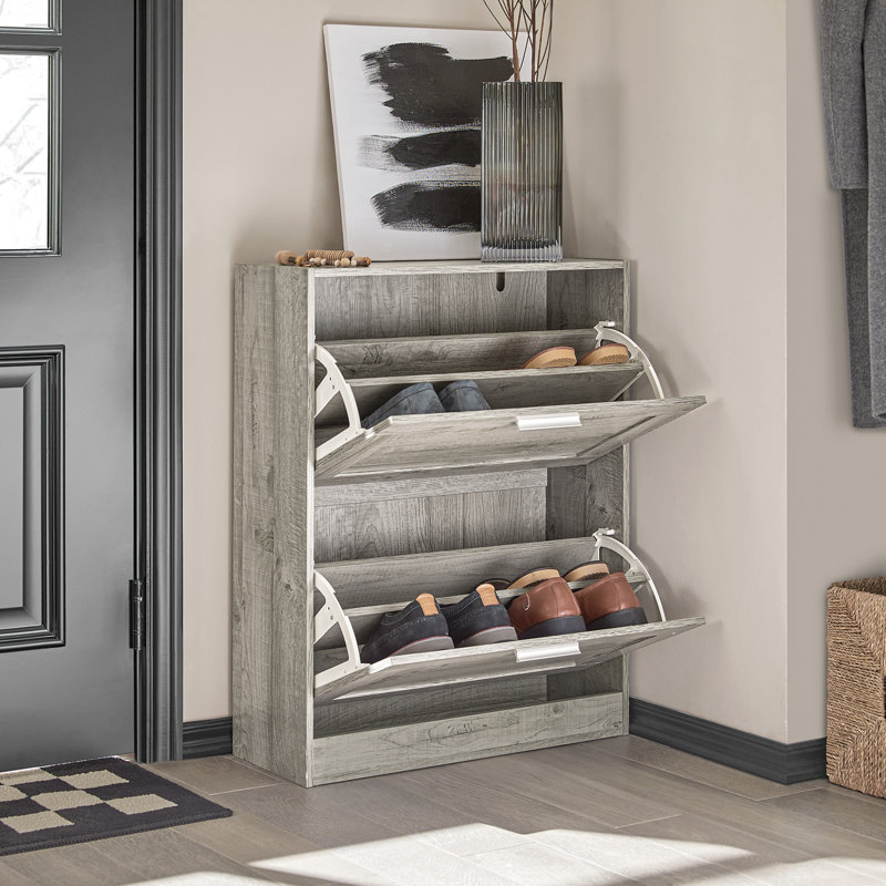 Armoire de rangement étroite à 2 tiroirs avec rangement à chaussures pour l'entrée, couloir, gris, Gris