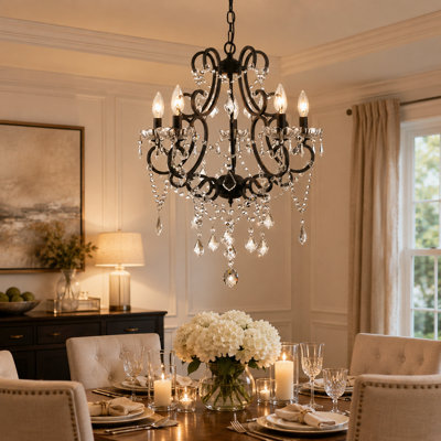 Lustre classique / traditionnel à 5 lumières de style l 22 po avec accents en cristal et métal noir Tomball pour la salle à manger ou le salon