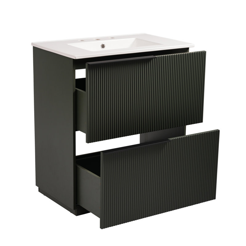 30" Bathroom Vanity With Ceramic Sink And Full-Extension Drawers, Soft Close Undermount Drawer Slides,  Fluted Design, Green