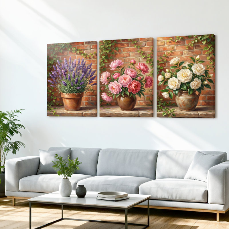 Ensemble de 3 tableaux sur toile tendue représentant un bouquet de roses lavande et de pivoines sur un mur de briques, idéal pour la décoration du salon, de la chambre ou de la maison.
