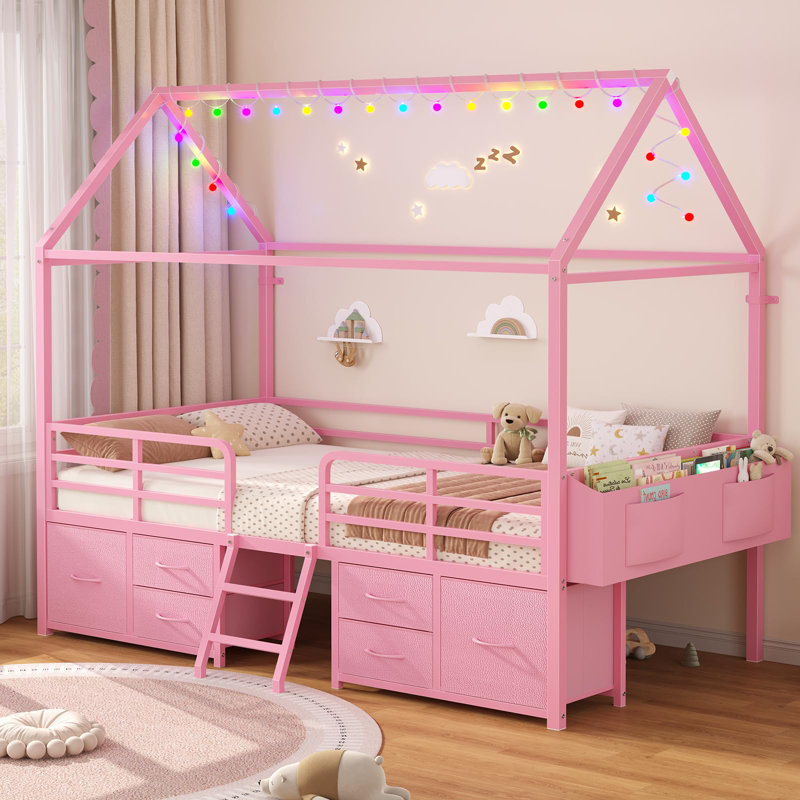 Twin Size Bed Frame With 6 Drawers,house Shape Bed With Globe String Lights-plug In,metal Bed Low Loft Bed With Safety Guardrail,inclined Ladder,no Box Sping Needed,space Saving For Bedroom