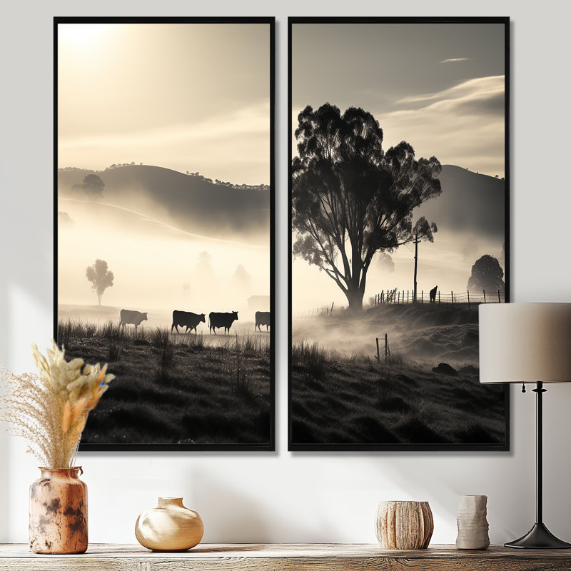 Bovin brumeux, art mural sur toile, H 40 po x l 40 po, Impression encadrée flottante, Noir