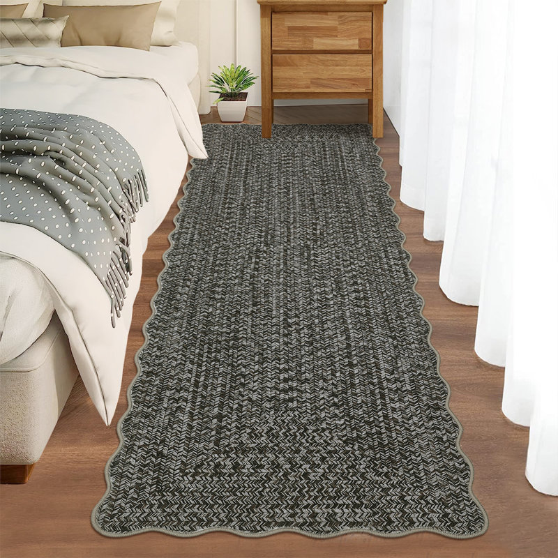 Washable Rug Scalloped Rug Non Slip, Farmhouse Braided Print Carpet, Soft Non Shedding Floor Covering, Low Pile Thin Foldable Mats, Indoor Neutral Carpet for Living Room Bedroom
