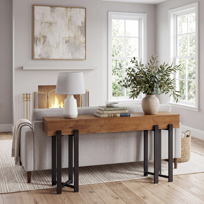 Console moderne de 63 po, table d'entrée en bois avec pieds en métal, table de canapé étroite derrière, finition rustique brun / noir, table de canapé de style champêtre convenant aux couloirs et aux salons