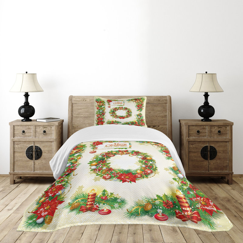 Twin White Polyester Christmas Bedspread Set
