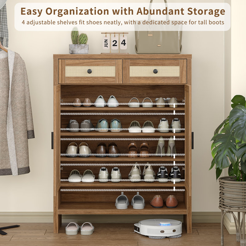 46" Rattan Clayton Cabinet With 2 Drawers And 4 Adjustable Shelves, Walnut