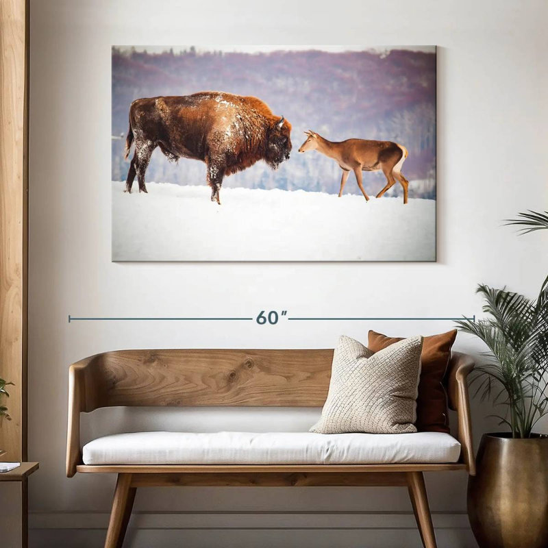 Bison de Brampt et cerf en hiver, H 32 po x l 48 po