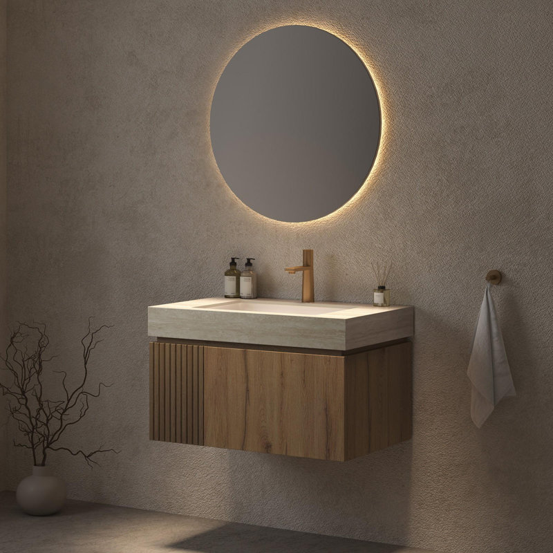 Meuble-lavabo mural simple 30 po avec lavabo, Chêne blanc