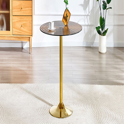 35 inch diameter, light luxury brown ring glass round table. Golden metal pillar. Negotiation table, household coffee table, dining table. Suitable fo