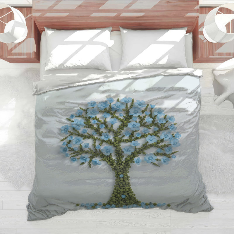 Couette avec motif d'arbre à fleurs, King, Medium Green Light Blue