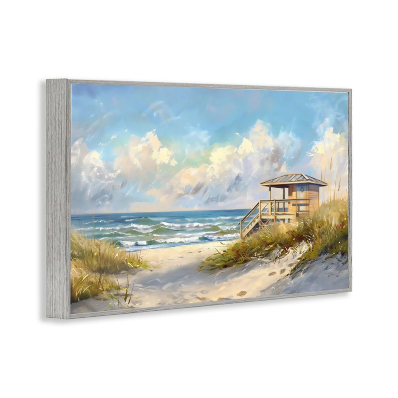 Beach Overlook Lifeguard Hut Framed Giclee, design by LSR Design Studio, Farmhouse Grey Framed Giclee, 12" H x 18" W
