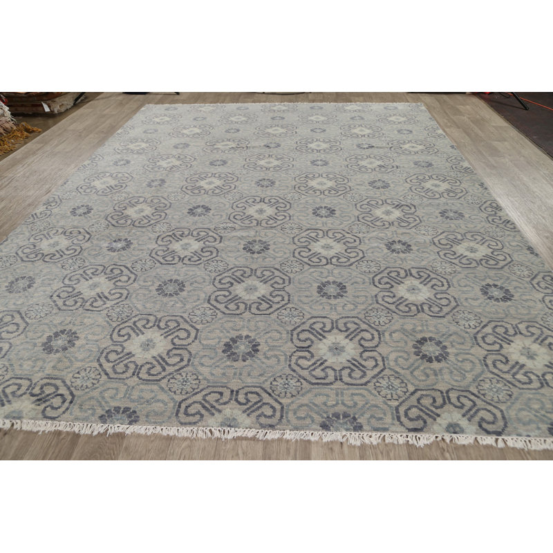 Tapis gris en laine noué à la main de conception unique 9 pi x 12 pi New Age