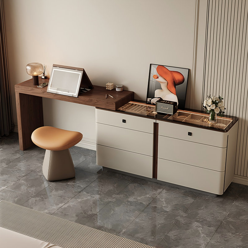 Table de coiffeuse extensible 47,24 po en bois massif rétro avec armoire latérale et miroir DEL
