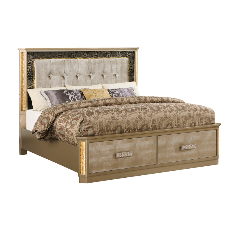 Lit de luxe grand avec une tête de lit ornée de cristaux, structure en bois, esthétique moderne et glamour, plusieurs tailles pour la chambre à coucher, pièce maîtresse de la chambre à coucher, design intemporel, motif peau de serpent à finition dorée, DEL