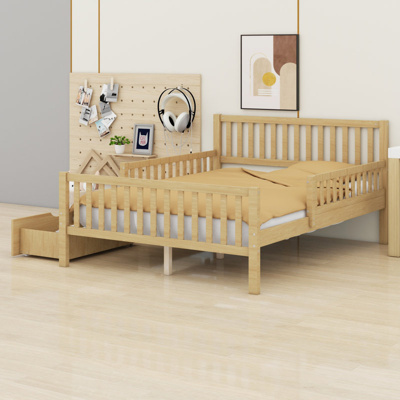 Lit plateforme contemporain en bois avec garde-corps et tiroirs, Lit double