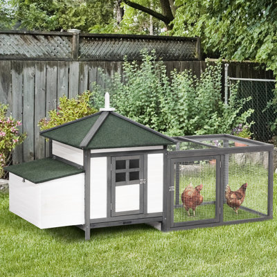77" Grey Wooden Hen Coop With Nesting Area, Weather Chicken Shelter Part, Removable Fecal Bin Tray, Ramp Entrance, Backyard Garden