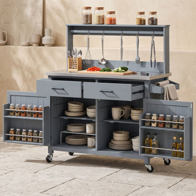 Chariot pour îlot de cuisine extérieur avec plateau en acier inoxydable, tablette haute et crochets sur roulettes verrouillables