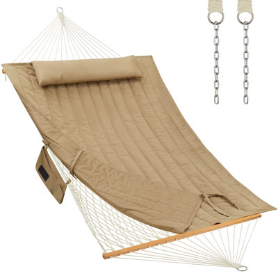 Grand hamac en corde avec coussin et oreiller en polyester, hamac avec barres d'écartement en bois franc, capacité de 475 lb pour patio pour 2 personnes au bord de la piscine - Brun clair