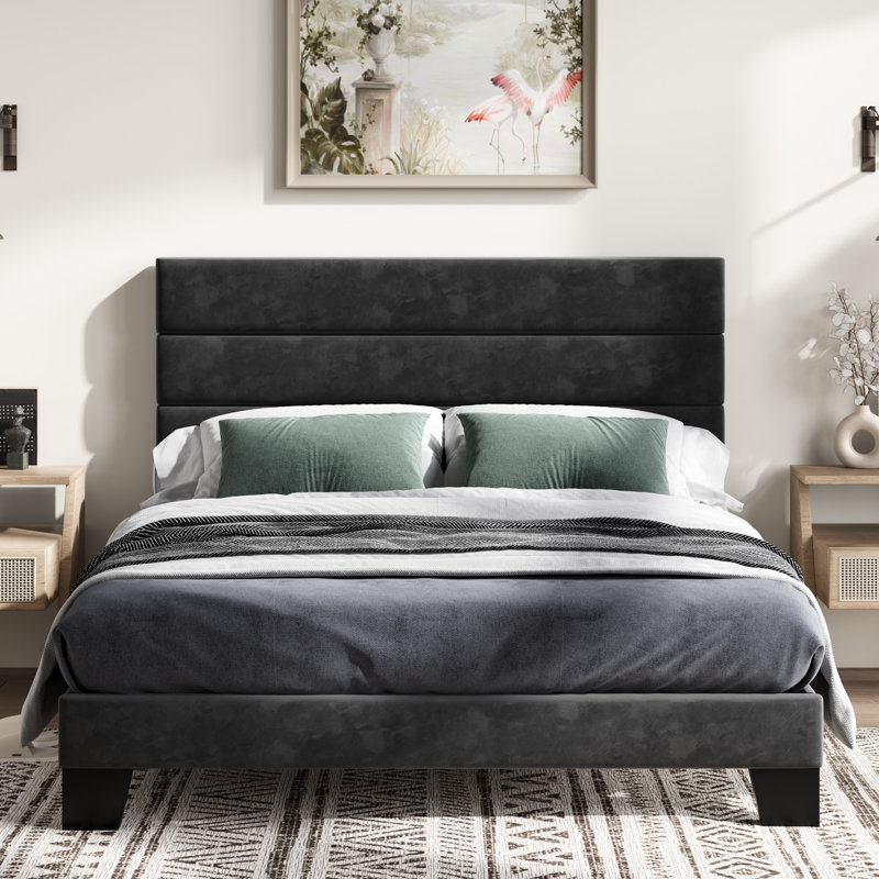 Lit plateforme Elison avec tête de lit tapissier en tissu et lattes en bois, Double, Noir
