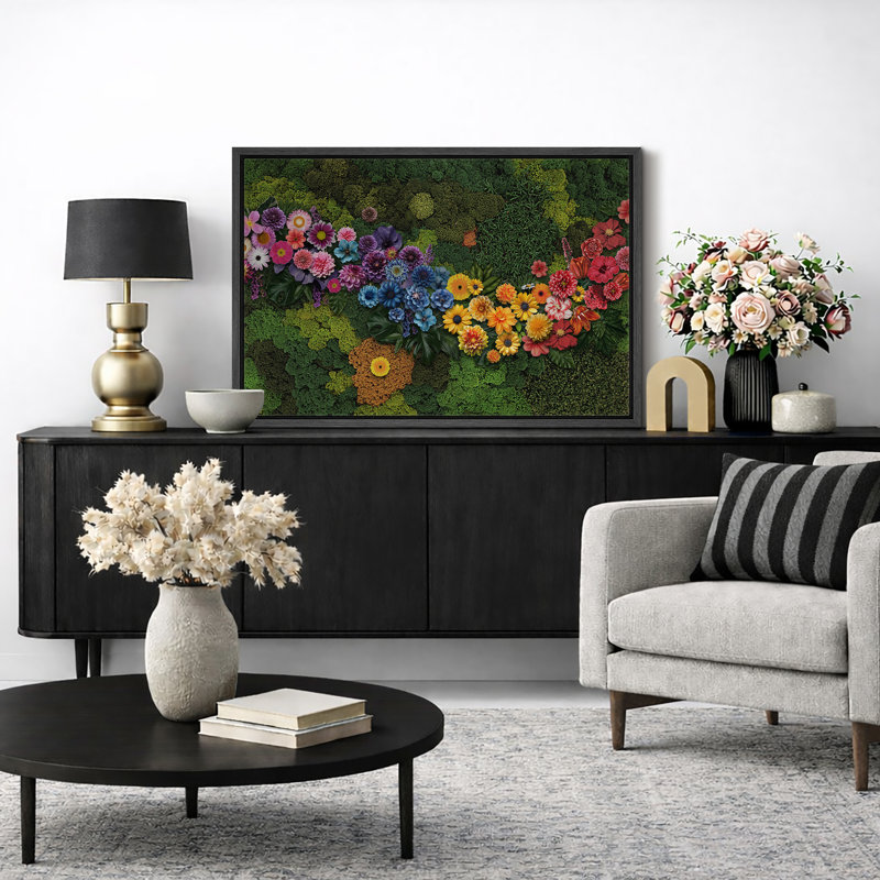 «Green Colorful Colorful Daisy Flowers Modern Unique Floral Botanical», reproduction d'art sur toile encadrée, Cadre flottant