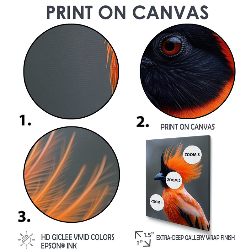 Reproduction d'art mural orange, oiseaux noirs et plumes II, Toile encadrée noire simple, H 20 po x l 12 po x P 1 po