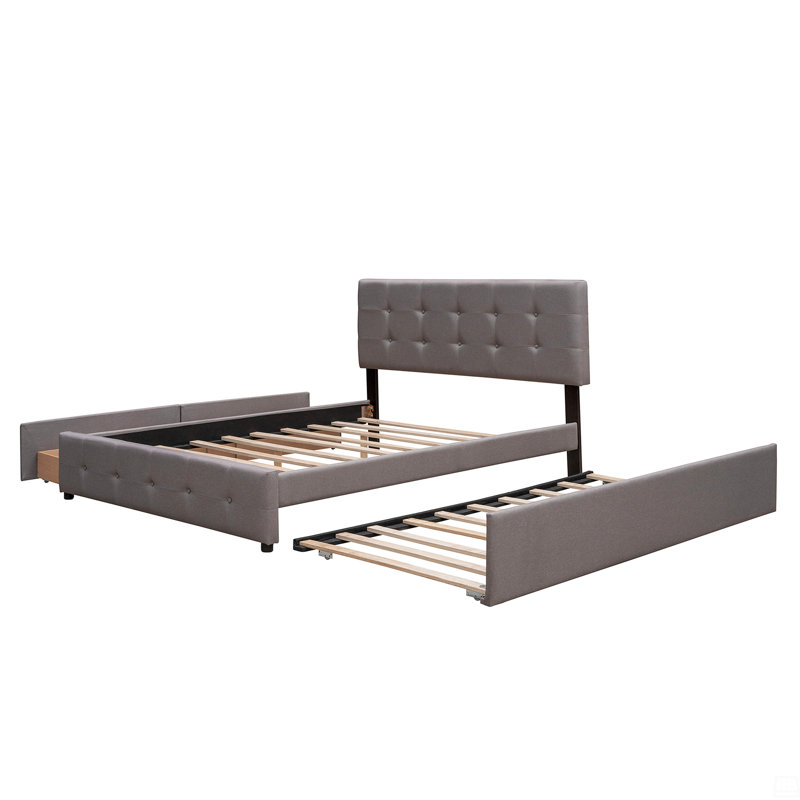 Lit plateforme tapissier avec 2 tiroirs et 1 lit gigogne simple TG, tissu de lin, grand, Brun