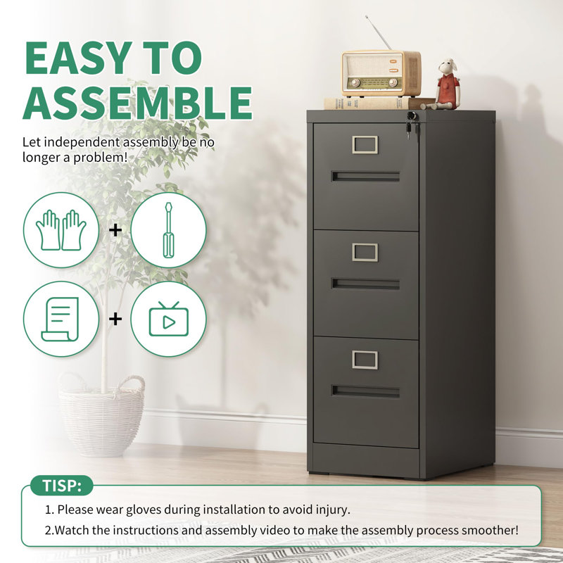 3 Drawer Metal Vertical Filing Cabinet with Lock for Home Office, Secure Storage for A4/Letter/Legal Files, Assembly Required