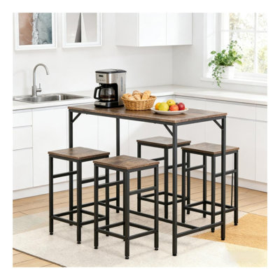 Ensemble de table de salle à manger 5 pièces avec 4 tabourets, table de pub peu encombrante pour la cuisine ou le coin-repas, finition noire et brun rustique