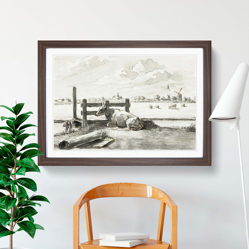 Field of Cows by Jean Bernard - Picture Frame Drawing Print, 36cm H x 48cm W x 2cm D, Walnut Framed