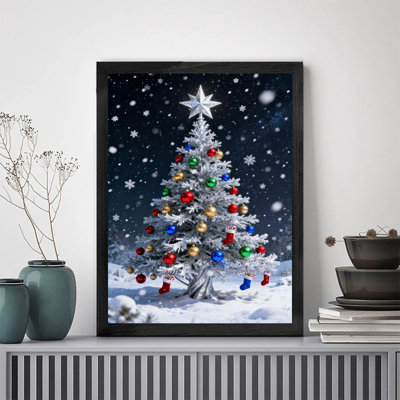 Art mural arbre de Noël noir encadré noir - décorations festives enneigées