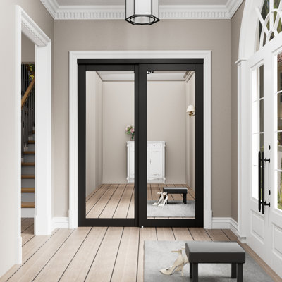 72x80 Modern 𝑩𝒍𝒂𝒄𝒌 Oversized Full Length Mirrors Sliding Closet Doors Assembled with Hardware Kit, Ready to Install
