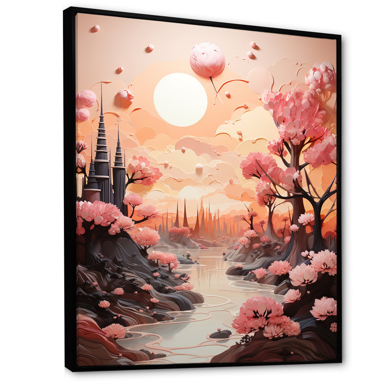 «Skyline Puffy Peach Castle» sur toile, H 32 po x l 16 po x P 1 po, Cadre flottant noir