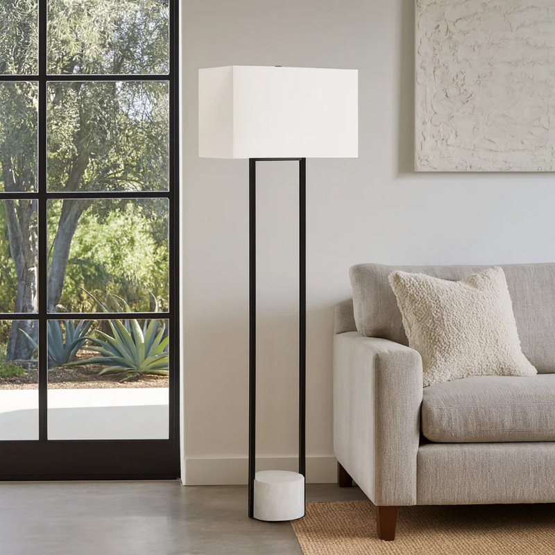 Floor Lamp, Rectangular Ivory Shade, 62 Inch, Classic Black Metal
