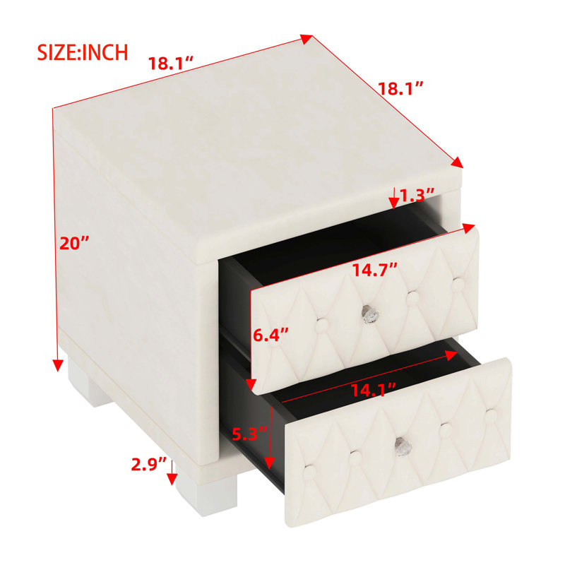 Elegant Velvet Nightstand With 2 Drawers And Crystal Handle, Storage Bedside Table With Button-Tufted, Beige