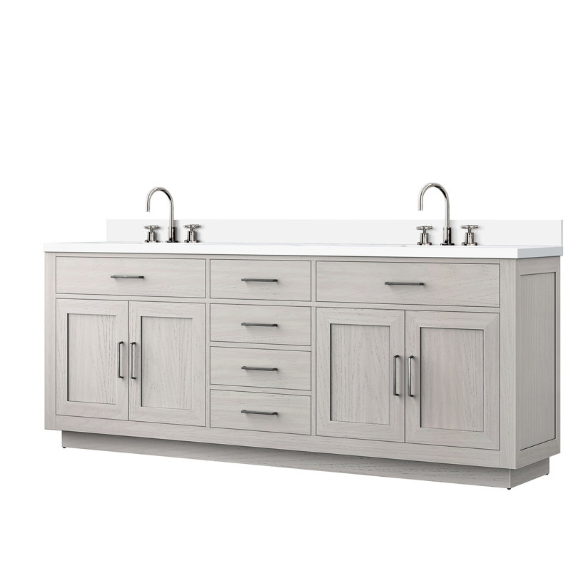 84 po Meuble-lavabo double large en chêne blanc, comptoir en quartz, robinet, mécanisme de fermeture en douceur, meuble-lavabo en bois massif et l 22 pi, finition, surface, fermeture, maquillage